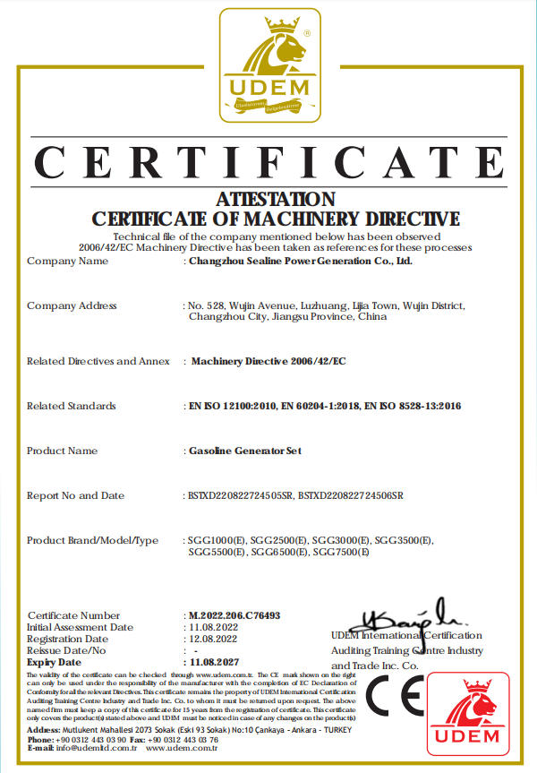 CE Certificate for Gasoline Generator Set